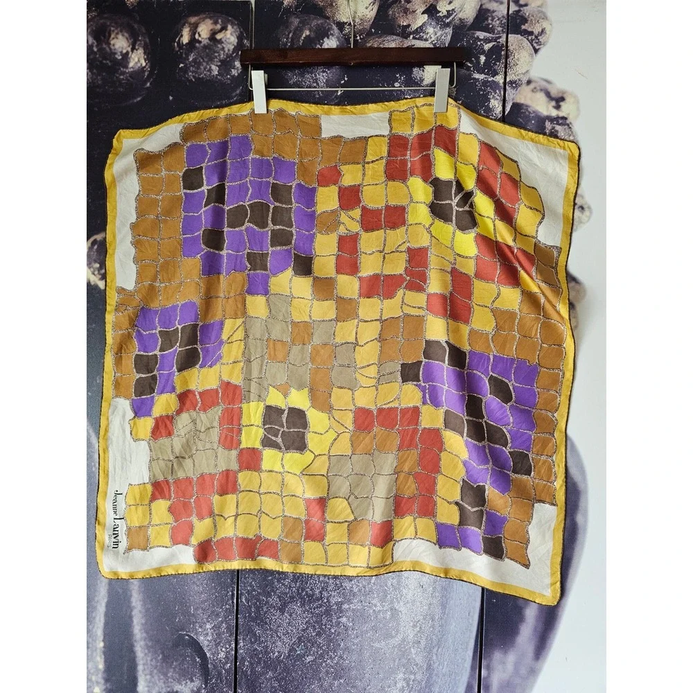 Jeanne Lanvin Paris Vintage Silk Scarf Geometric Mosaic Yellow Purple Square